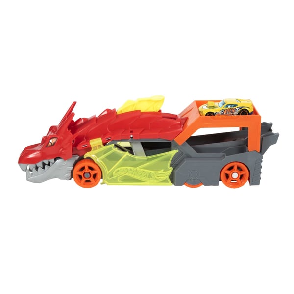 Hot Wheels City Dragon Launch Transporter, skjuter ut bilar ur munnen, present till barn från 3 år och uppåt