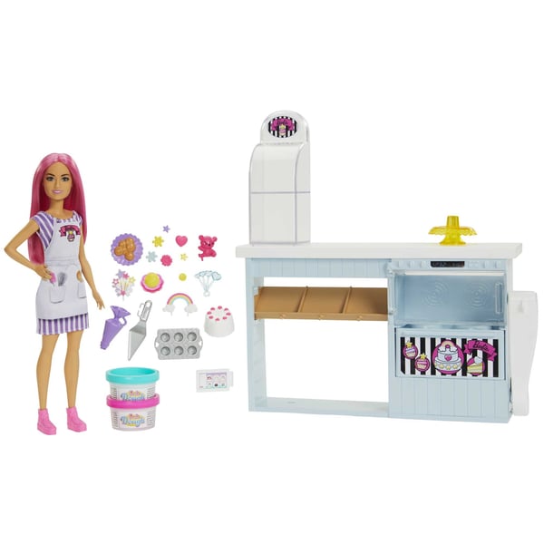 Barbie Barbie-bagerilegesæt med lille dukke på 30 cm, lyserødt hår, bageri, kagebagningsfunktion, og over 20 stykker realistiske legedele, til børn fra 3 år
