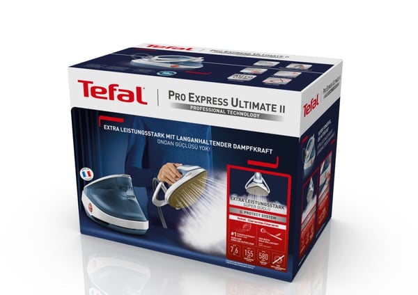 Tefal Pro Express Ultimate II GV9710 1,2 l Durilium Airglide Autoclean Ultra Thin soleplate Blå, Vit