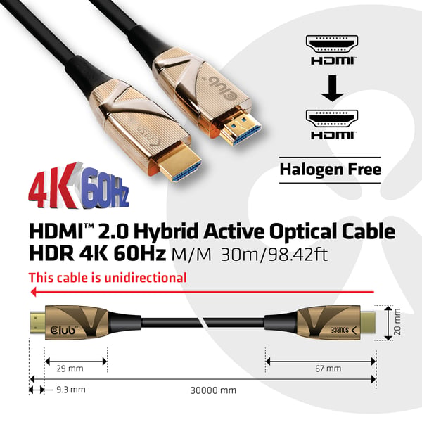 CLUB3D HDMI 2.0 UHD Active Optical Cable HDR 4K 60Hz M/M 30m/98.42ft