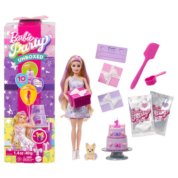 Barbie Party Unboxed -nukke ja tarvikkeita