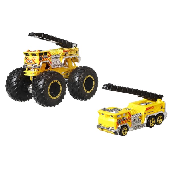 Hot Wheels Monster Trucks Hot Wheels-monstertruckar, fordon skala 1:64, 2-pack, 1 formgjuten truck och 1 bil