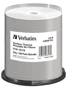 Verbatim CD-R Thermal Printable No ID Brand 700 MB 52x 100 stk Verbatim CD-R Thermal Printable No ID Brand 700 MB 52x 100 stk