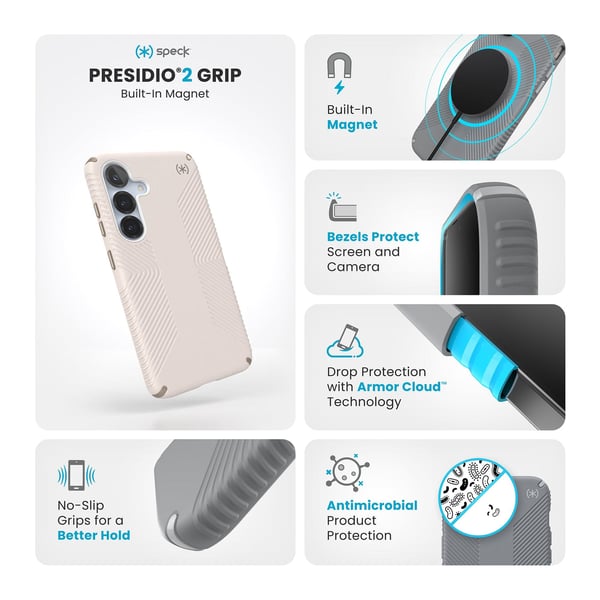 Speck Presidio2 Grip Magnet - Cover til Samsung Galaxy S25 / 24 MagSafe (Sort/Skifergrå/Hvid)
