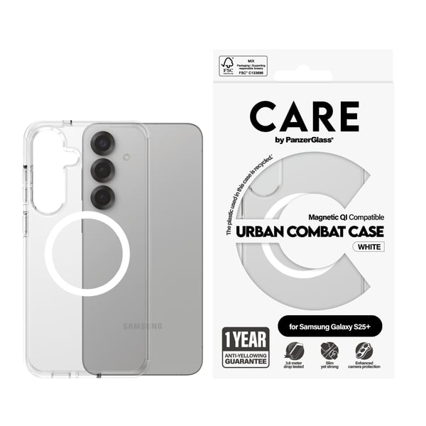 PanzerGlass CARE™ by ® Urban Combat Case Transparent m. Hvid Qi Compatible Samsung Galaxy S25+