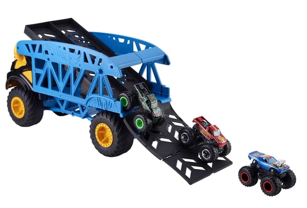 Hot Wheels Monster Trucks , MONSTERTRANSPORTLASTBIL + 3 MONSTERTRUCKS, køretøjspakke
