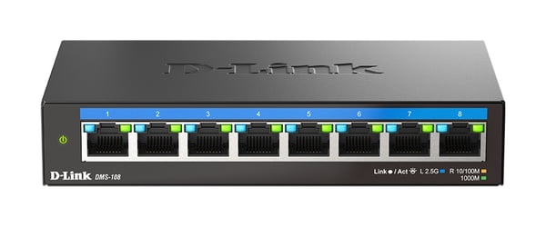 D-Link DMS-108\B Ohanterad 2.5G Ethernet (100/1000/2500) Skrivbord Svart