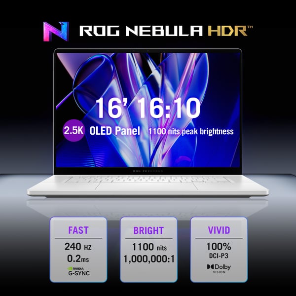 ASUS ROG Zephyrus G16 GU606AW-TB010W Intel Core Ultra 9 386H Kannettava tietokone 40,6 cm (16") WQXGA 32 GB LPDDR5x-SDRAM 1 TB SSD NVIDIA GeForce RTX 5080 Wi-Fi 7 (802.11be) Windows 11 Home Valkoinen QWERTY Hollanti