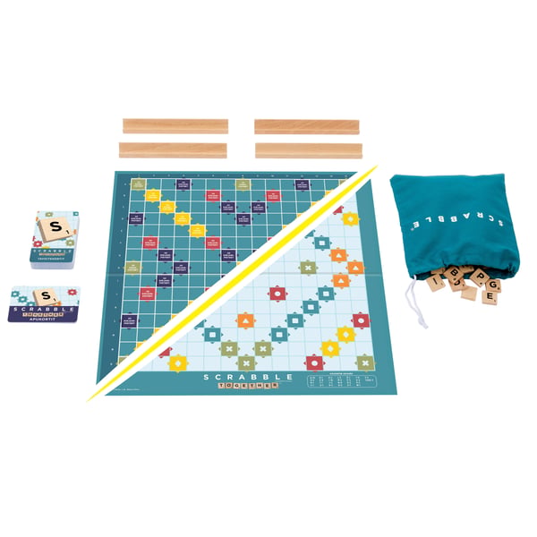 Mattel Games Scrabble-brætspil familieordspil med træbrikker og -bogstavholdere og to måder at spille på, finsk udgave.