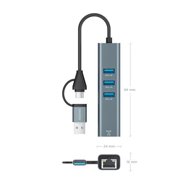 AISENS A109-1033 kannettavien tietokoneiden telakka ja porttitoistin Langallinen USB 3.2 Gen 1 (3.1 Gen 1) Type-C Harmaa