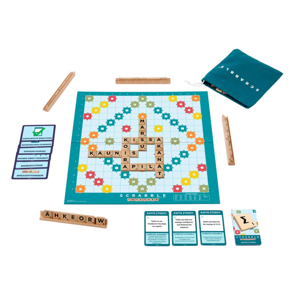 Mattel Games Scrabble-brætspil familieordspil med træbrikker og -bogstavholdere og to måder at spille på, finsk udgave.