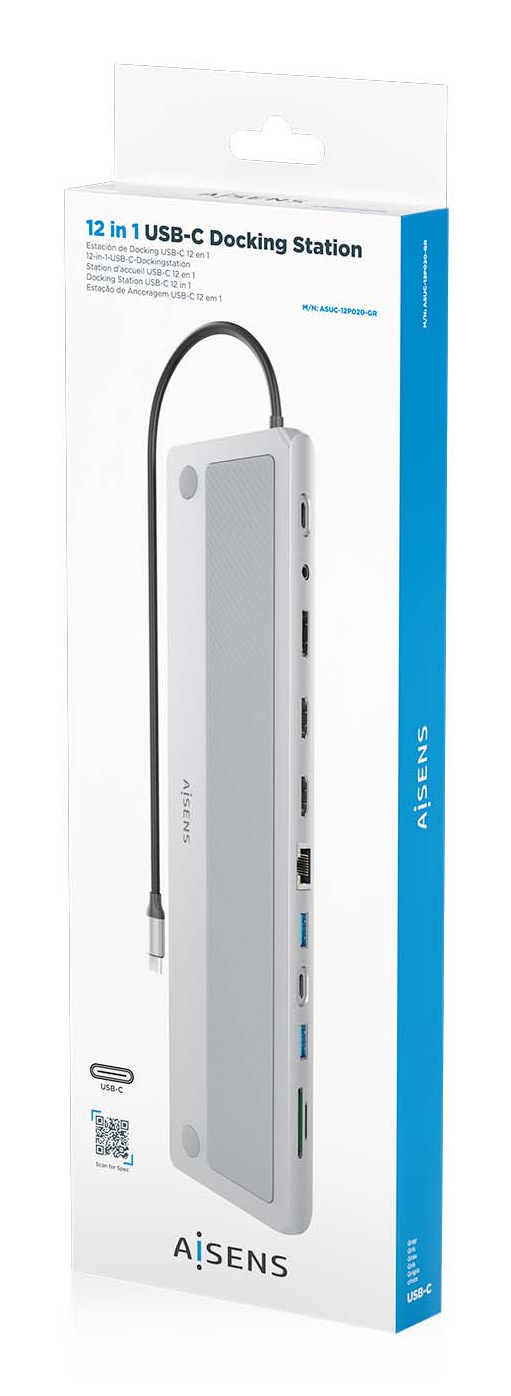 AISENS ASUC-12P020-GR kannettavien tietokoneiden telakka ja porttitoistin Langallinen USB 3.2 Gen 1 (3.1 Gen 1) Type-C Harmaa