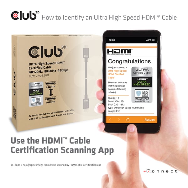 CLUB3D Ultra High Speed HDMI 4K120Hz, 8K60Hz Cable 48Gbps M/M 3 m/ 9.84ft