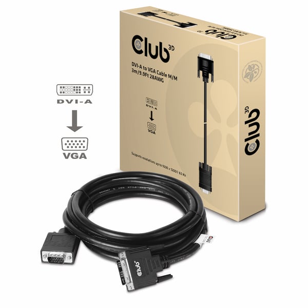 CLUB3D DVI-A TO VGA CABLE M/M 3m/ 9.8ft 28 AWG Musta