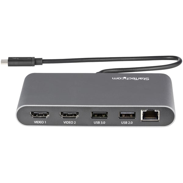 StarTech.com Thunderbolt Mini-dockningsstation för dubbla bildskärmar, 4K 60 Hz HDMI, drivrutinsfri hubb för Windows och Mac, Gigabit Ethernet, 1x USB-A (5 Gbps) & 1x USB 2.0, 28 cm kabel