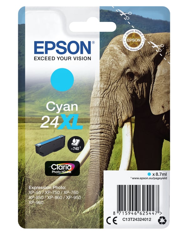 Epson Elephant 24XL Norsu Claria Photo HD, yksittäispakkaus, syaani muste
