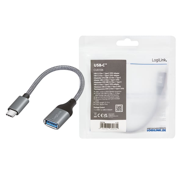 LogiLink CU0106 USB-kablar USB 3.2 Gen 1 (3.1 Gen 1) 0,15 m USB C USB A Grå