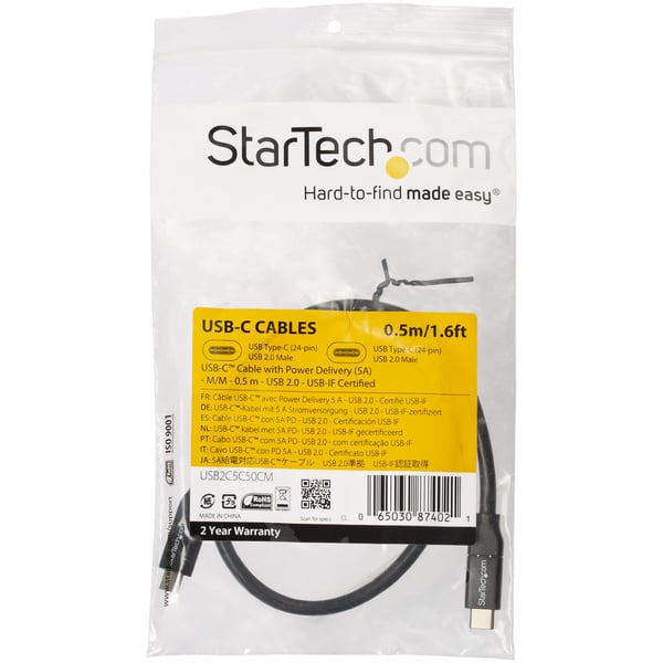 StarTech.com USB2C5C50CM USB-kabel USB 2.0 0,5 m USB C 0,48 Gbit/sek. 100 W Sort