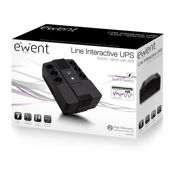 Ewent EW3945 UPS-enhed Interaktivt indgangsstik 0,6 kVA 360 W 1 AC stikkontakt(er)
