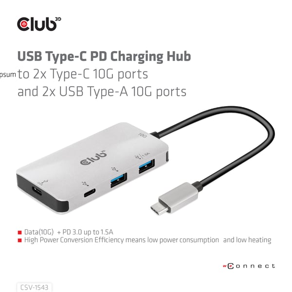 CLUB3D CSV-1543 gränssnittshubbar USB 3.2 Gen 2 (3.1 Gen 2) Type-C 10000 Mbit/s Svart, Silver