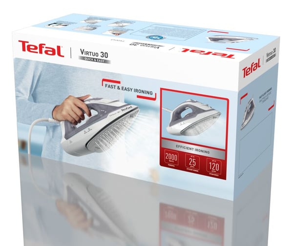 Tefal Virtuo 30 FV2C43E0 strygejern Tør & dampstrygejern Keramisk strygesål 2000 W Grå, Hvid