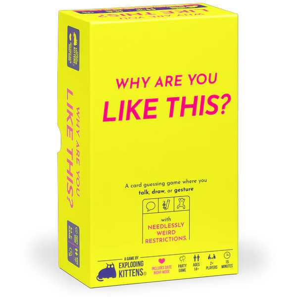 Asmodee Why Are You Like This? In this game, you’ll get a little playful, a little physical, and a little weird with your teammates. The goal is to get your team to guess as many secret words as possible before the timer runs out. To do this you can either talk, draw, or gesture. But there’s a catch! Each card also comes with an added twist to make your job a little harder–and more ludicrously entertaining. This game gets everyone out of their comfort zones and into a silly mood. It’s perfect for parties, team building events, and rollicking game nights. There’s also a two-player Date Night Mode for when you want to get weird with a partner! Korttipeli