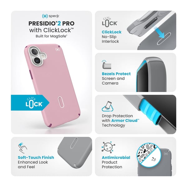 Speck Presidio2 Pro ClickLock & MagSafe til iPhone 16 Plus pink