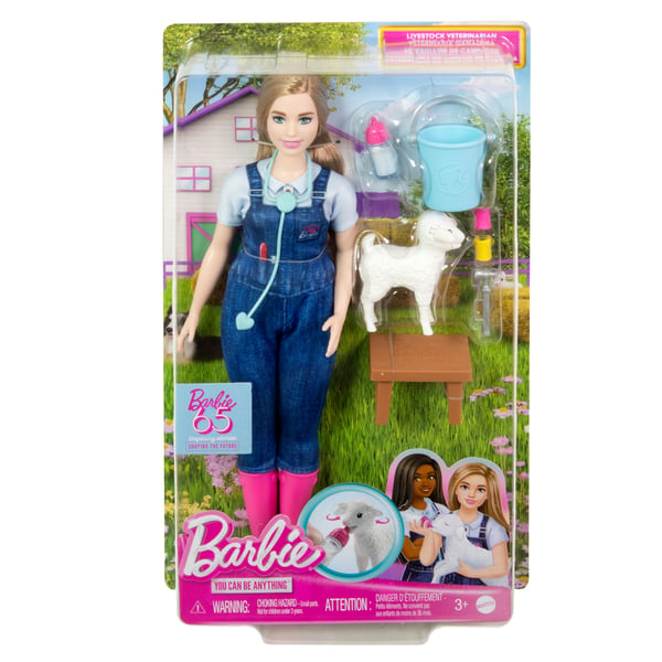 Barbie 65th Anniversary Careers-veterinärsdocka och tio tillbehör, däribland lamm med rörliga öron