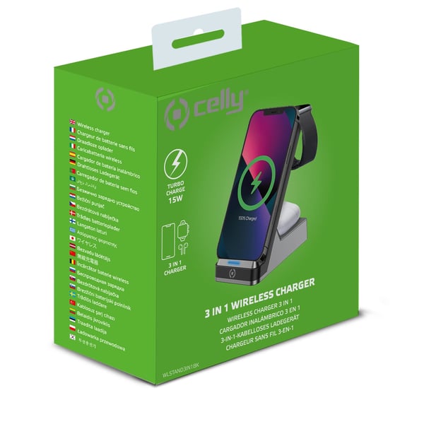 Celly WLSTAND3IN1BK mobilladdare Digitalkamera, Spelkontroller, Hörlurar, Mobiltelefon, Powerbank, Smartphone, Smartwatch, Surfplatta, Klocka, Kroppsburen teknik Grå AC Trådlös laddning inomhus