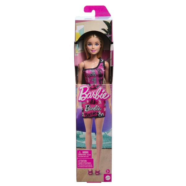 Barbie Fashionistas Barbie-nukke, jolla on suorat vaaleat hiukset ja riisuttava pinkki mekko, jossa logoprintti, ja kengät