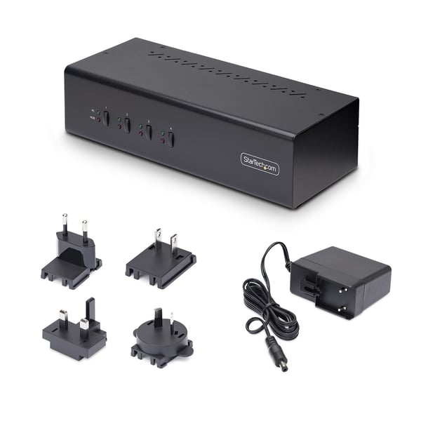 StarTech.com DisplayPort KVM-switch med fyra portar för dubbla bildskärmar, 4K 60 Hz, 2x USB 5 Gbps-hubbportar, 2x USB 2.0 HID-portar, växling med genvägskommando och tryckknapp, TAA-kompatibel - ESD-skydd på nivå 3.5