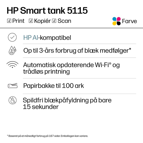 HP Smart Tank 5115 Trådløst All-in-One Farve Printer, Up to 2 Years of ink included; Two-sided printing; Copier, Scanner