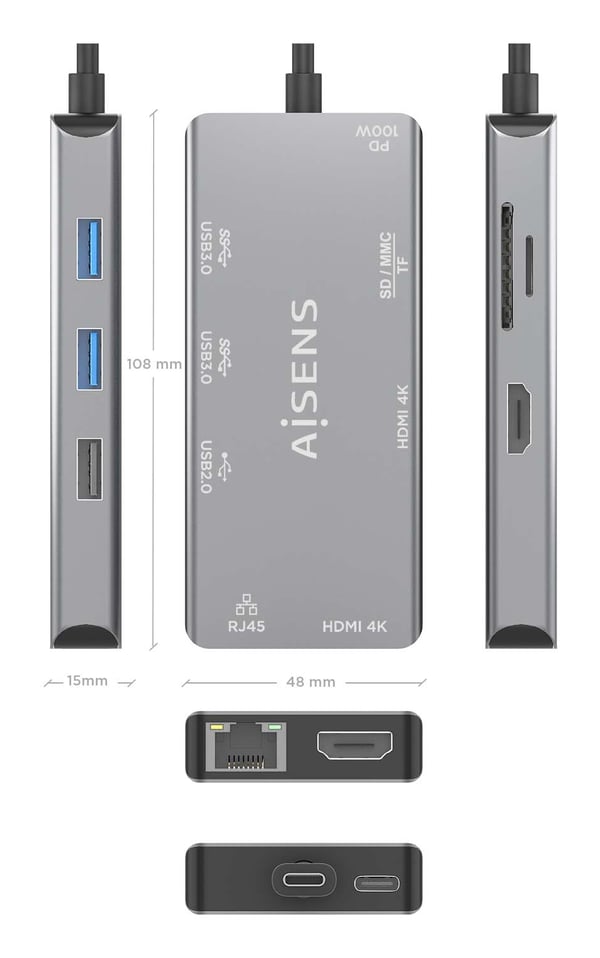 AISENS ASUC-9P018-GR kannettavien tietokoneiden telakka ja porttitoistin Langallinen USB 3.2 Gen 1 (3.1 Gen 1) Type-C Harmaa