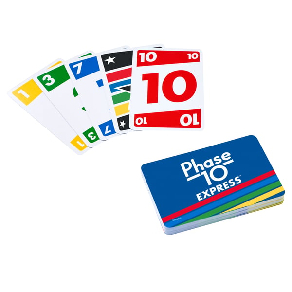 Mattel Games Phase 10 Express-kortspel med mindre, mer bärbar kortlek för ett snabbare spel, passar 2–3 spelare