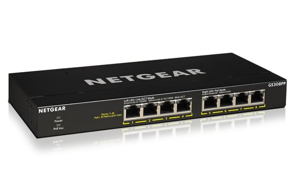 NETGEAR GS308PP Ohanterad Gigabit Ethernet (10/100/1000) Strömförsörjning via Ethernet (PoE) stöd Svart