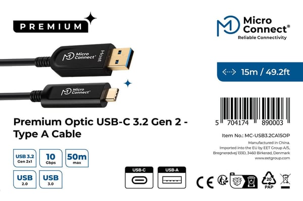 Microconnect MC-USB3.2CA15OP USB-kabel USB 3.2 Gen 2 (3.1 Gen 2) 15 m USB A USB C Sort