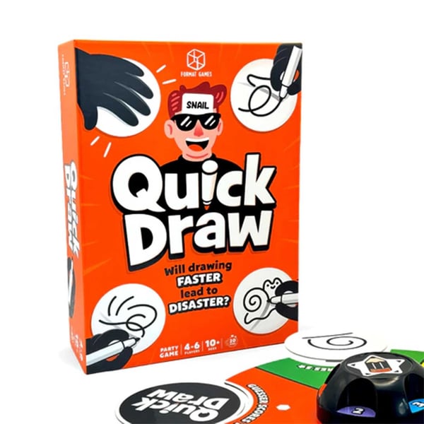 Asmodee Quick Draw A brand new drawing game for 2024, Quick Draw blends together drawing, guessing, and quick thinking! Players take turns being the guesser, wearing blackout glasses, while others race to draw objects based on the spinner's whims. The challenge? To draw quickly and clearly enough to be guessed first! Brætspil