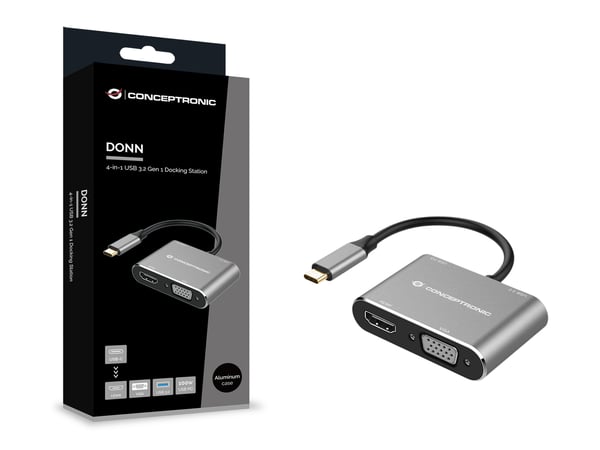 Conceptronic DONN16G kannettavien tietokoneiden telakka ja porttitoistin Langallinen USB 3.2 Gen 1 (3.1 Gen 1) Type-C Musta, Hopea