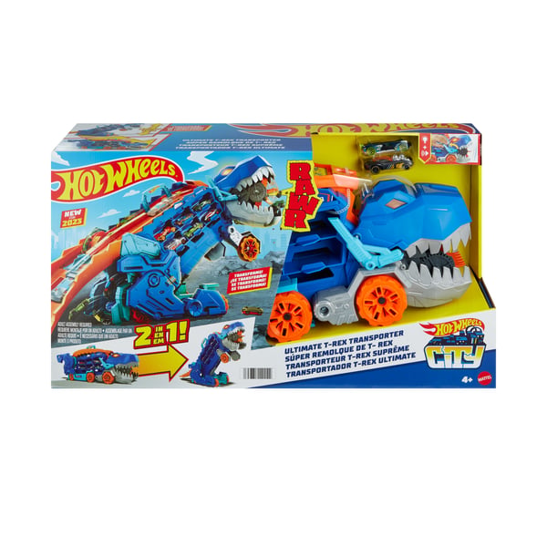 Hot Wheels City Ultimat långtradare, förvandlas till en T-Rex med racerbana, rymmer över 20 bilar