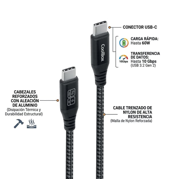 CoolBox COO-CAB-UC-60W USB-kabel USB 3.2 Gen 2 (3.1 Gen 2) 1,2 m USB C Sort, Sølv