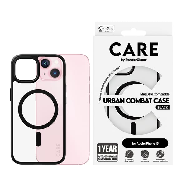 PanzerGlass CARE™ by ® Urban Combat Case Transparent w. Black MagSafe iPhone 15 mobiltelefonfodral 15,5 cm (6.1") Mobilskal Svart