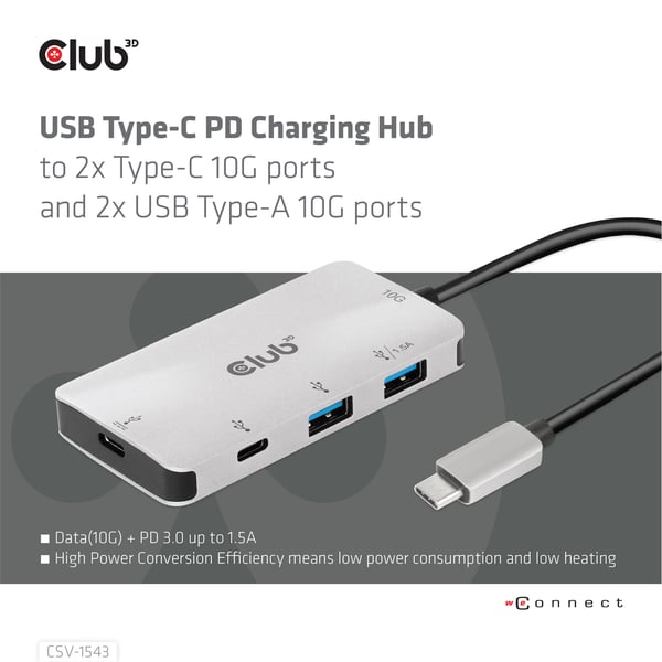 CLUB3D CSV-1543 gränssnittshubbar USB 3.2 Gen 2 (3.1 Gen 2) Type-C 10000 Mbit/s Svart, Silver