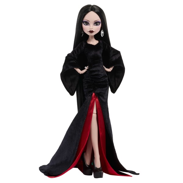 Monster High x Wednesday, samlerdukke, Morticia Addams i sort fløjlskjole