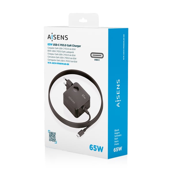 AISENS ASCH-1PD65WL85-BK mobiililaitteen laturi Matkapuhelin, Älypuhelin, Digitaalikamera, Universaali, Tabletti Musta AC Pikalataus Sisätila