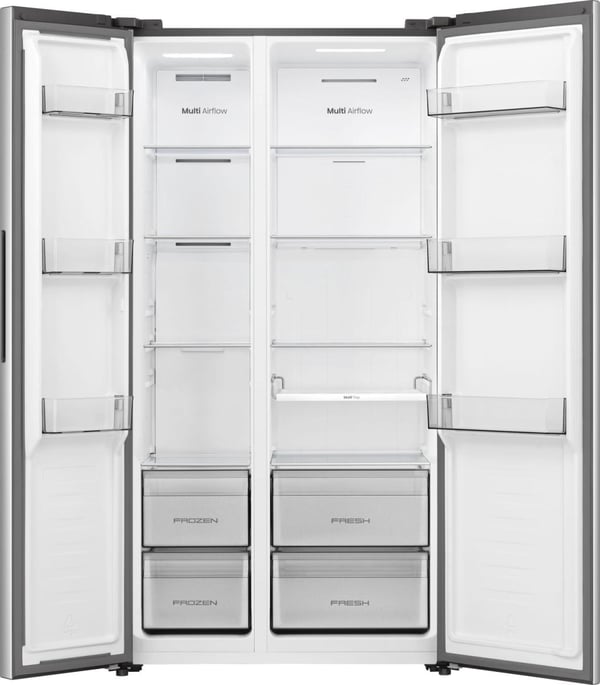 Hisense Rummeligt side by side køle /fryseskab på 544 l med Total No Frost, Multi Air Flow og Super Cool. Stor kapacitet, energieffektiv inverterkompressor og moderne design gør det ideelt til travle husholdninger.