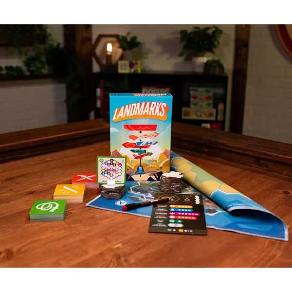 Asmodee Landmarks Landmarks is a word game of hidden paths and clever clues. Your party is lost deep in an island jungle, relying on you to guide them to safety and treasure! In this jungle, every word matters. Use strategic wordplay to send a chain of one-word clues. The connections between them will create a path leading to fortune and glory. Brætspil