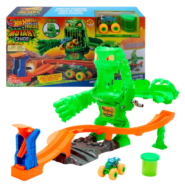 Hot Wheels Monster Trucks Mutant Monster Takedown-legesæt med legetøjsbil og Slime