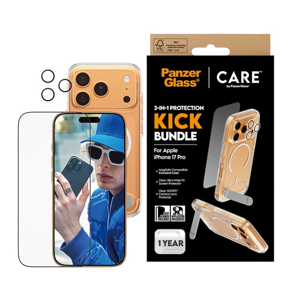 PanzerGlass ® | CARE by ® 3-in-1 Feature Kick Bundle iPhone 17 Pro Genomskinligt skärmskydd Apple 1 styck