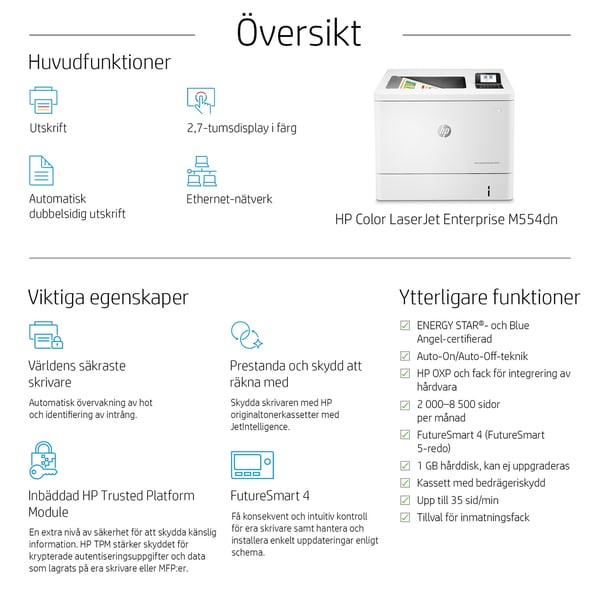HP LaserJet Enterprise M554dn - Skrivare - Färg - Duplex - Laser - A4/Legal - 1200 x 1200 dpi - upp till