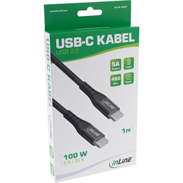 InLine 35851 USB-kabel USB 2.0 1 m USB C 0,48 Gbit/sek. 100 W Sort